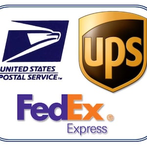 May include: Logos for three major shipping companies: United States Postal Service, UPS, and FedEx Express.