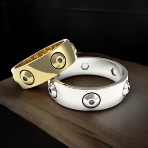 14k Solid Gold Wedding Band with Hex Bolt Heads, Unique Design Wedding Band, Hex Bolt Head Wedding Band, Unisex Unique Design Bolt Head Ring
