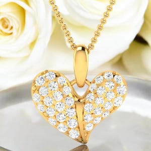 Diamond Heart Necklace, 14k Solid Gold Lab Diamond Necklace, Heart Diamond Necklace for Her, Heart Shape Necklace with Diamonds, Her Gift