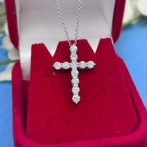 18K Solid Gold 1.00Ct Diamond Cross Necklace, Lab Grown Diamond Pendant with 18&quot; Adjustable Rolo Chain, Diamond Gift for Her, Birthday Gift