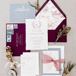 Georgia // Ivy Crest Invitation, Wildflower Invitation, Handmade Paper Wedding Invitation, Floral Monogram, Deckled Edge, Torn Edge - SAMPLE