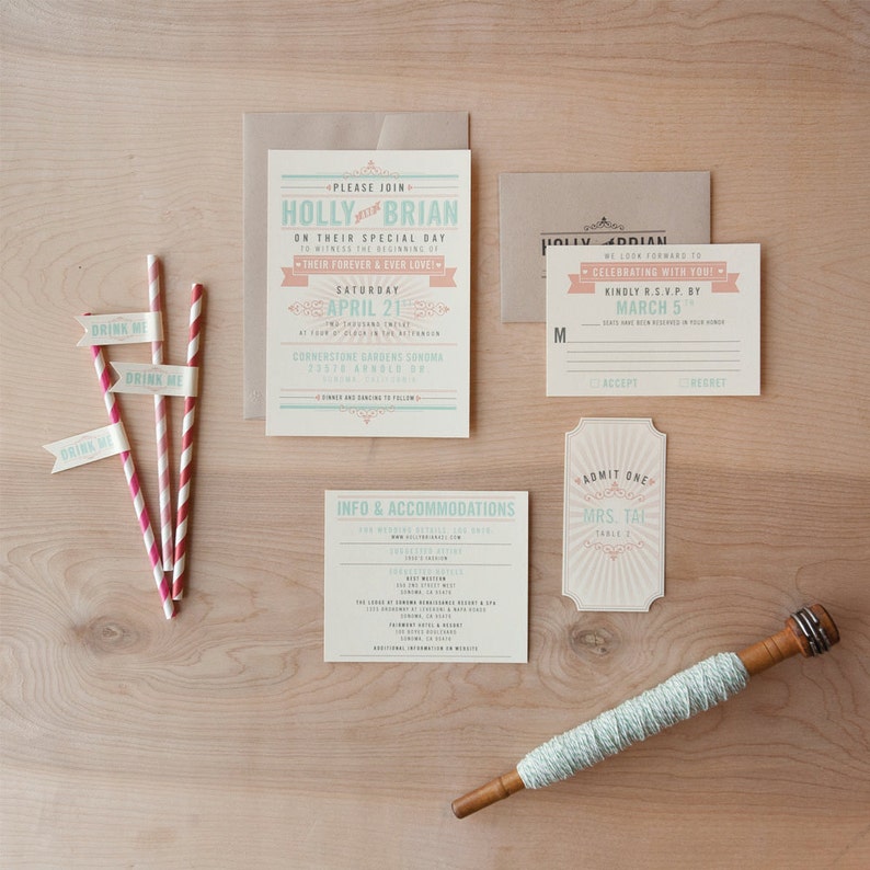 Offbeat Wedding Invitation, coral and Aqua invitation, typography invitation, vintage chic, rustic chic, SAMPLE image 2