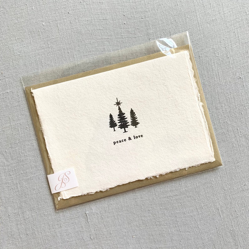 Peace and Love // holiday card, Christmas card, Christmas tree, happy new year, letterpress, handmade paper card image 4