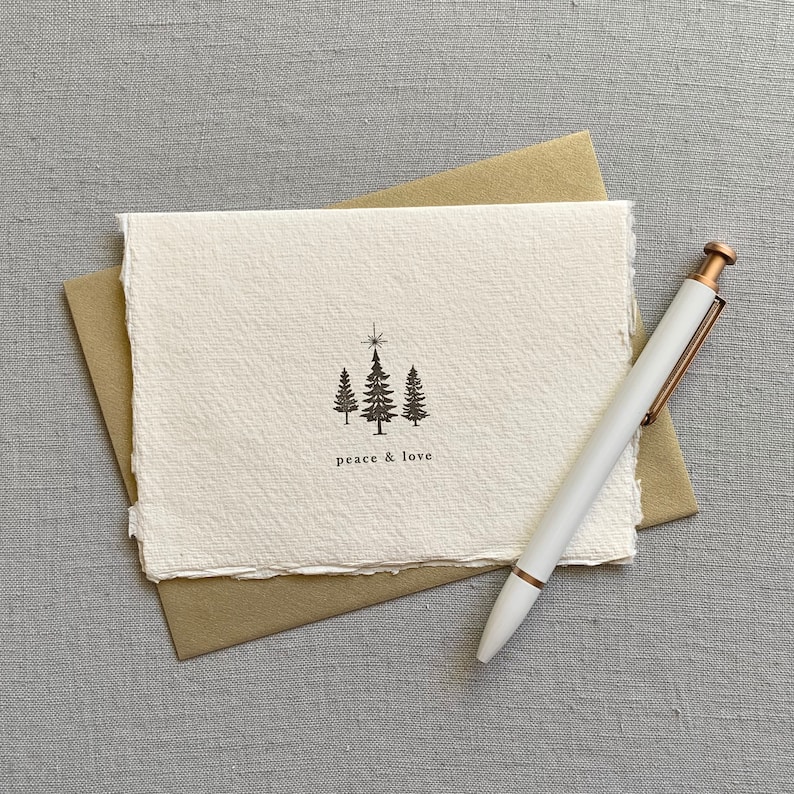 Peace and Love // holiday card, Christmas card, Christmas tree, happy new year, letterpress, handmade paper card image 2