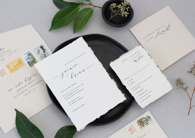 Deckled Edge Wedding Invitation, Neutral Invitation, Greenery Invitation, Handmade Paper Invitation, Botanical Illustration SAMPLE image 3