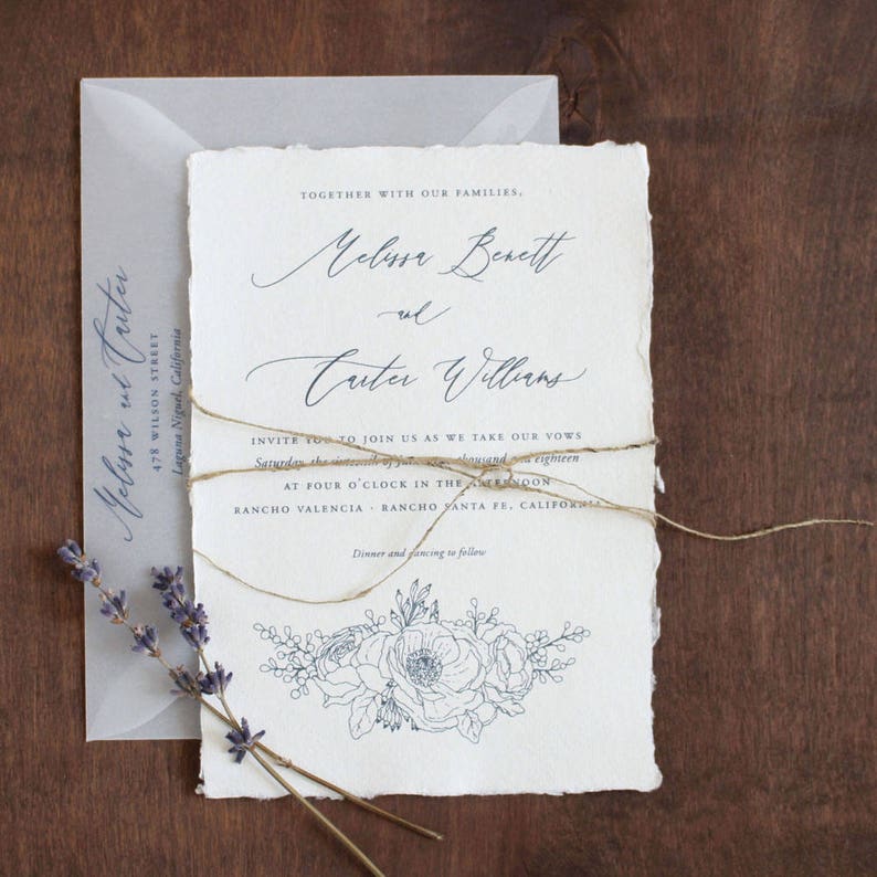 Handmade Paper Wedding Invitation, Deckled Edge Paper, Torn Edge Invitation, Illustrated floral invitation, Anemone Invitation SAMPLE image 1