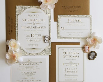 Invitación de boda Art Déco: Glamour Gatsby dorado (MUESTRA)