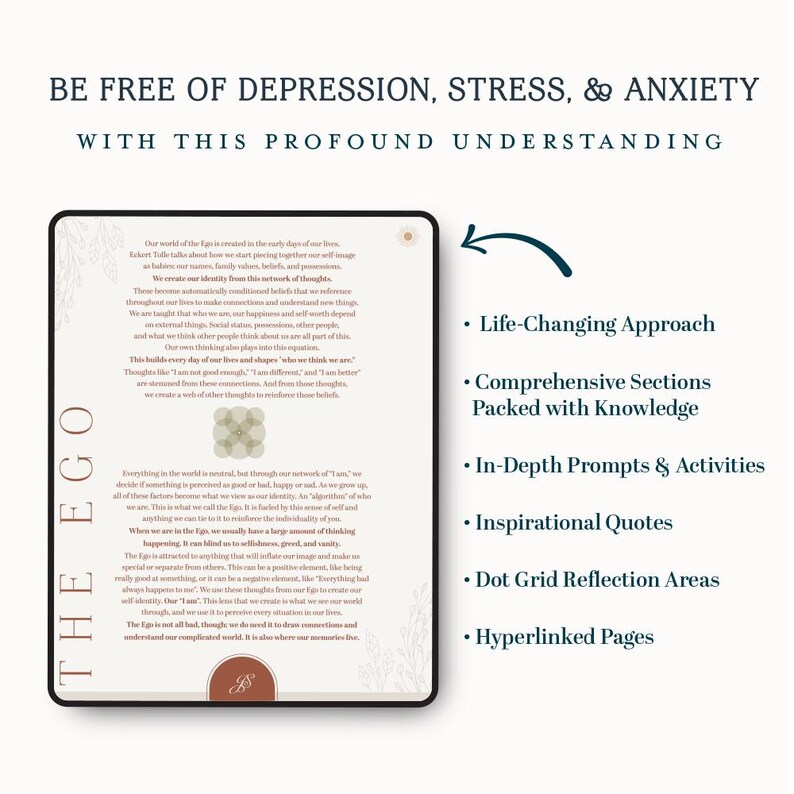 May include: A book cover with a green and white design. The title is "The Ego" and the text reads "Be free of depression, stress, & anxiety with this profound understanding". The book cover also features a list of bullet points describing the book's features, including "Life-Changing Approach", "Comprehensive Sections Packed with Knowledge", "In-Depth Prompts & Activities", "Inspirational Quotes", "Dot Grid Reflection Areas", and "Hyperlinked Pages".