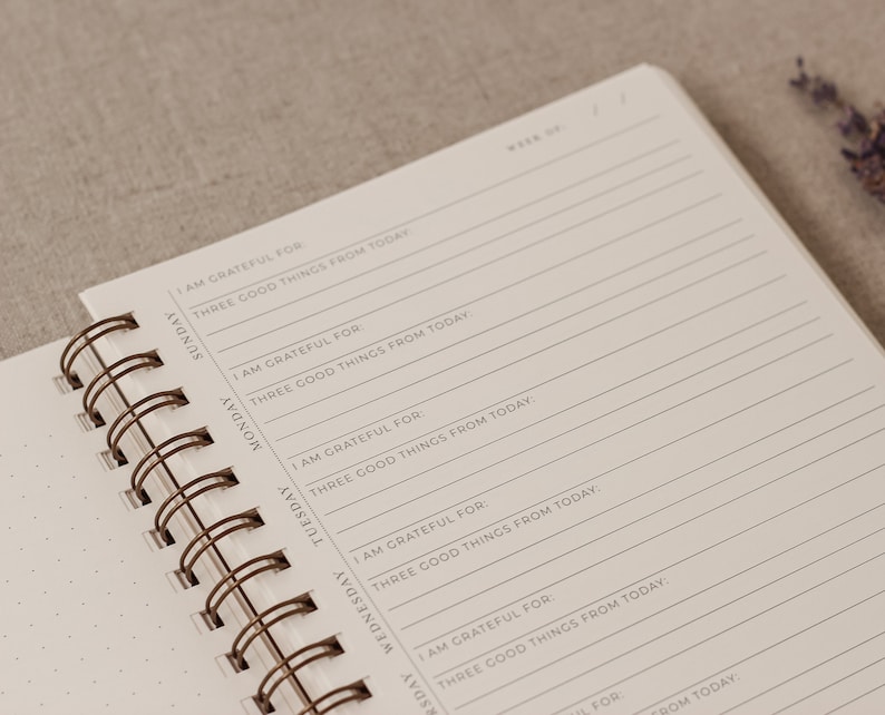 May include: A white spiral bound journal with a brown wire binding. The cover has the text "Week Of" at the top and the days of the week listed down the left side. Each day has the text "I am grateful for: Three good things from today."