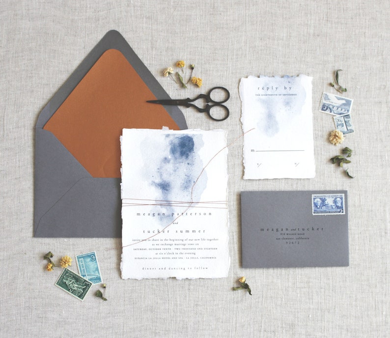 Moody Watercolor Wedding Invitation, Handmade Paper, Deckled Edge Invitation, Thread Invitation, Torn Edge Invitation SAMPLE image 6