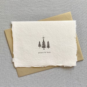 Peace and Love // holiday card, Christmas card, Christmas tree, happy new year, letterpress, handmade paper card image 1