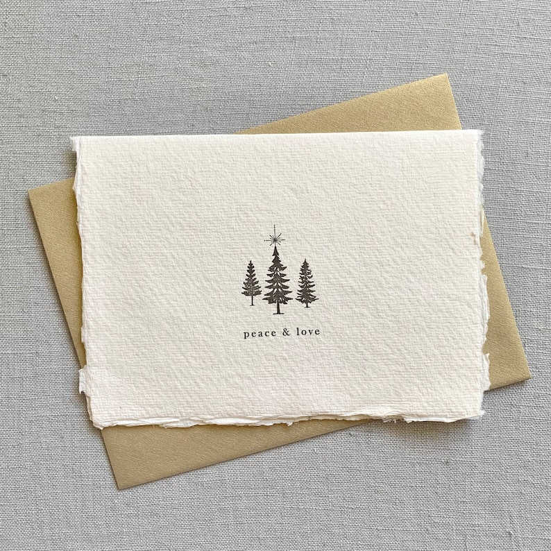 Peace and Love // holiday card, Christmas card, Christmas tree, happy new year, letterpress, handmade paper card image 1