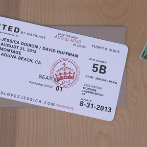 May include: A white boarding pass with the text "Save the Date: Aug 31, 2013" and "Flight: 8 312013". The boarding pass also includes the text "Jessica Doiron / David Huffman" and "August 31, 2013".