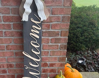 Welcome Laser Cut Wood Sign, Porch Sign, Welcome Sign With Bow, Front Door Sign, Outdoor Decor, Porch Leaner
