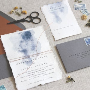 Moody Watercolor Wedding Invitation, Handmade Paper, Deckled Edge Invitation, Thread Invitation, Torn Edge Invitation SAMPLE image 4
