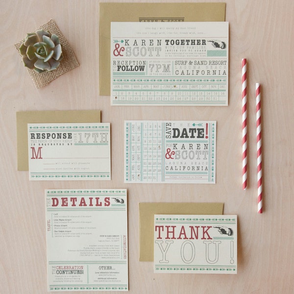 Punch Card Wedding Invitation, Offbeat Invitation, Fun, Quirky Wedding Invitation Set, Bakers Twine Band SAMPLE