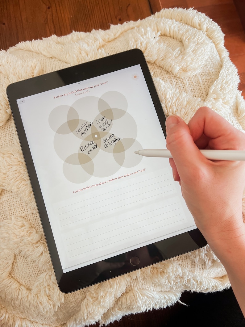 May include: A digital tablet with a handwritten diagram of overlapping circles. The circles are labeled with phrases like "I am a mother", "I am good at art", "Business owner", and "Scared of heights". The text "Explore key beliefs that make up your "I am" Create a web" is at the top of the screen.