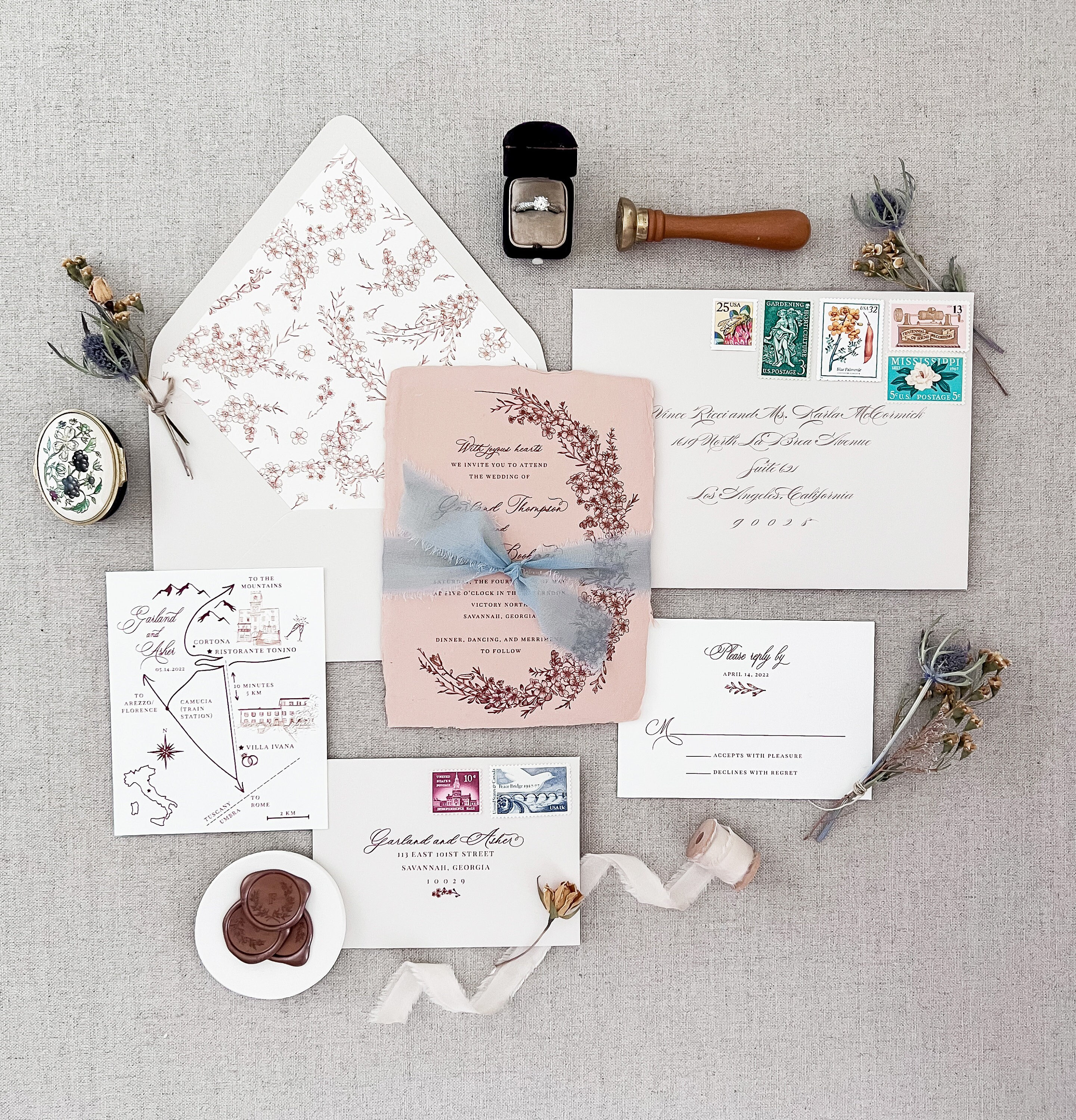 Garland Foliage Invitation Lush Flower Invitation Half Crest Illustrated Map Handmade Paper Deckled Edge Torn Edge SAMPLE