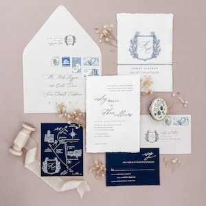 Crest Wedding Invitation, Old World Wedding, Vellum Invitation, Handmade Paper, Deckled Edge Invitation, Torn Edge Invitation - SAMPLE