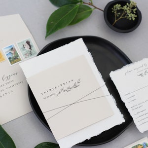 Deckled Edge Wedding Invitation, Neutral Invitation, Greenery Invitation, Handmade Paper Invitation, Botanical Illustration SAMPLE image 2
