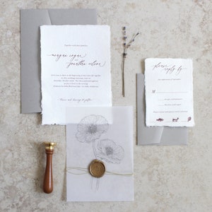 Handmade Paper Wedding Invitation, Poppy Invitation, Torn Edge Wedding Invitation, Deckled Edge Paper, Wax Seal, Vellum Invitation SAMPLE image 1