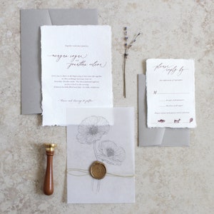 Handmade Paper Wedding Invitation, Poppy Invitation, Torn Edge Wedding Invitation, Deckled Edge Paper, Wax Seal, Vellum Invitation- SAMPLE