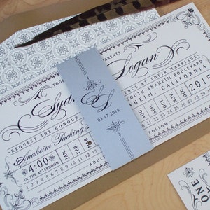 Invitación de la boda del billete - invitación Steampunk, invitación del billete del tren de la tarjeta del puñetazo, invitación de la invitación de la boda del destino MUESTRA