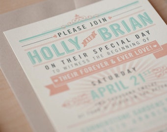 Offbeat Wedding Invitation, coral and Aqua invitation, typography invitation, vintage chic, rustic chic, SAMPLE