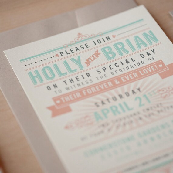 Offbeat Wedding Invitation coral and Aqua invitation | Etsy