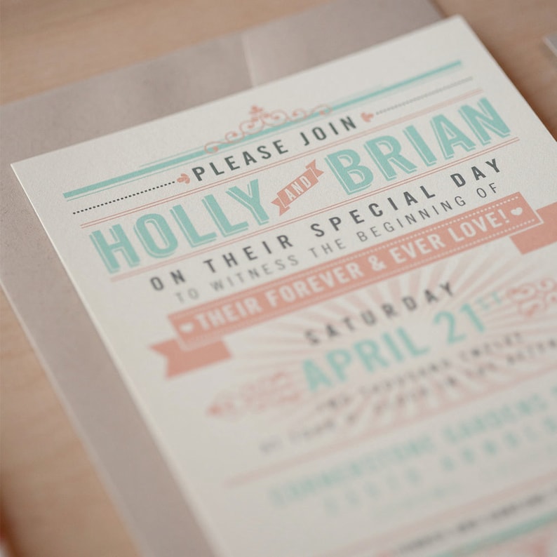 Offbeat Wedding Invitation, coral and Aqua invitation, typography invitation, vintage chic, rustic chic, SAMPLE image 1