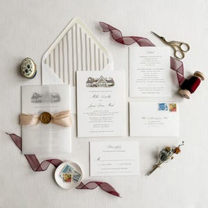 Watercolor Venue Invitation, Classic Invitation, Formal Invitation, Venue Illustration, Venue Sketch, Wax Seal, Black Tie Wedding - SAMPLE