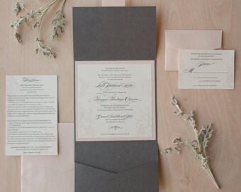 Pink and Grey Wedding Invite, Pocket Fold Invitation, Romantic Invitation, Baroque Ornament Invitation SAMPLE