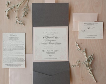 Pink & Gray Wedding Invitation: Baroque Pocket Fold Sample