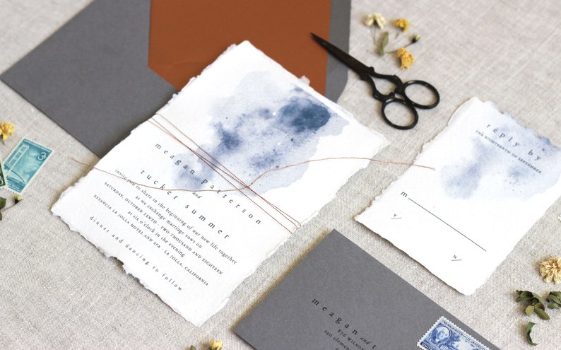 Moody Watercolor Wedding Invitation, Handmade Paper, Deckled Edge Invitation, Thread Invitation, Torn Edge Invitation SAMPLE image 5