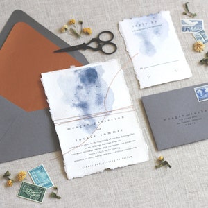 Moody Watercolor Wedding Invitation, Handmade Paper, Deckled Edge Invitation, Thread Invitation, Torn Edge Invitation SAMPLE image 2