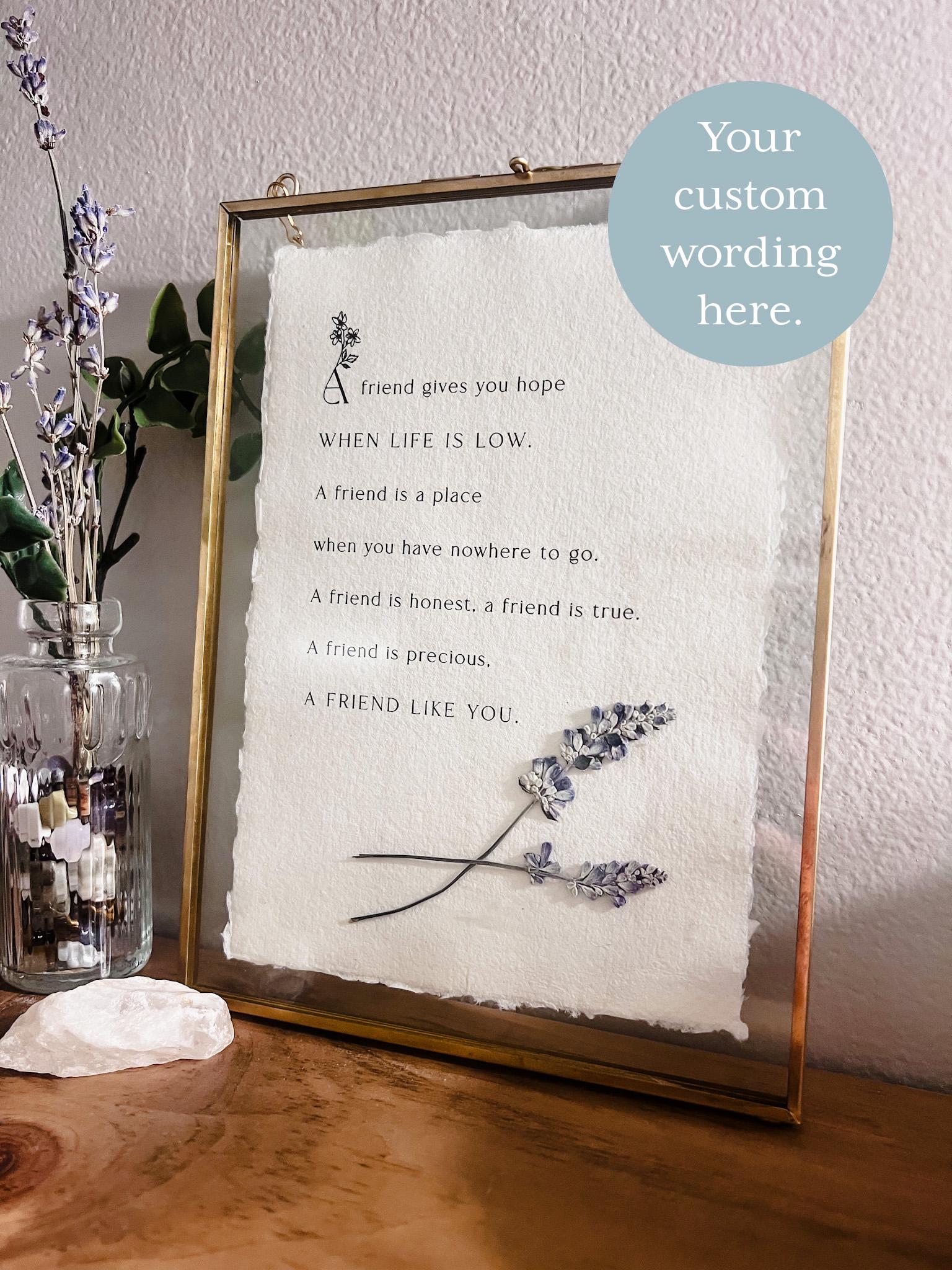 Custom Quote Print on Handmade Paper, Custom Quote Print, Pressed Flower, lyrics print, poem print