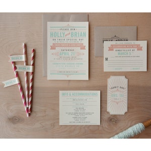 Offbeat Wedding Invitation, coral and Aqua invitation, typography invitation, vintage chic, rustic chic, SAMPLE image 5