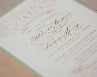 Rustic Mint & Blush Wedding Invitation: Vintage Romantic Sample