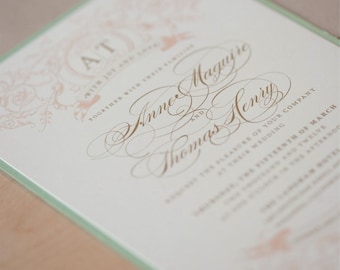 Wedding Invitation Rustic, Mint and Blush Wedding Invitation, Vintage Wedding, Romantic Invitation, Afternoon Tea Wedding - SAMPLE