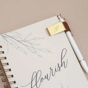 JS Pen Clip // Pen Holder, Notebook Pen Holder, Gold and leather pen holder, leather pen clip, metal pen clip