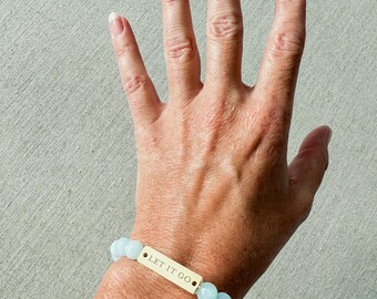 Aquamarine Beaded Bracelet: Let It Go Mantra, Gold Charm