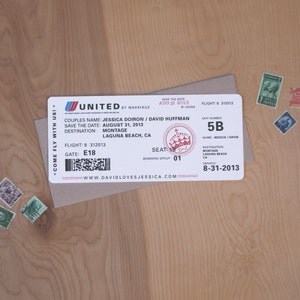 May include: A save the date announcement in the form of a boarding pass for a wedding. The pass is red, white, and blue with the text "Come Fly With Us!" and "United by Marriage". The pass is for Jessica Doiron and David Huffman, with a destination of Montage Laguna Beach, CA on August 31, 2013. The boarding pass number is 8 312013, gate E18, seat 5B, and boarding group 01.