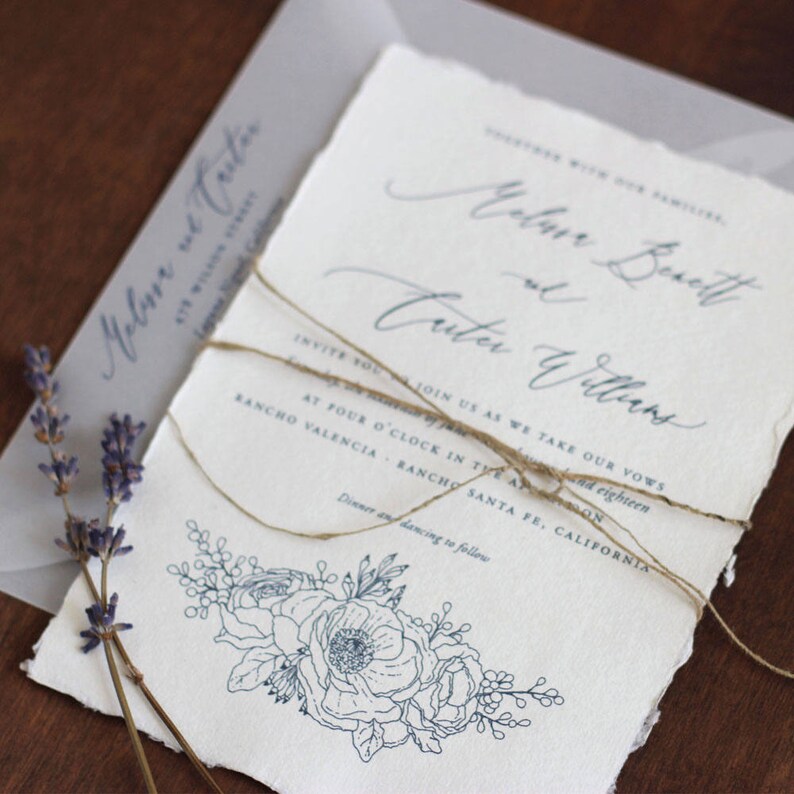 Handmade Paper Wedding Invitation, Deckled Edge Paper, Torn Edge Invitation, Illustrated floral invitation, Anemone Invitation SAMPLE image 4