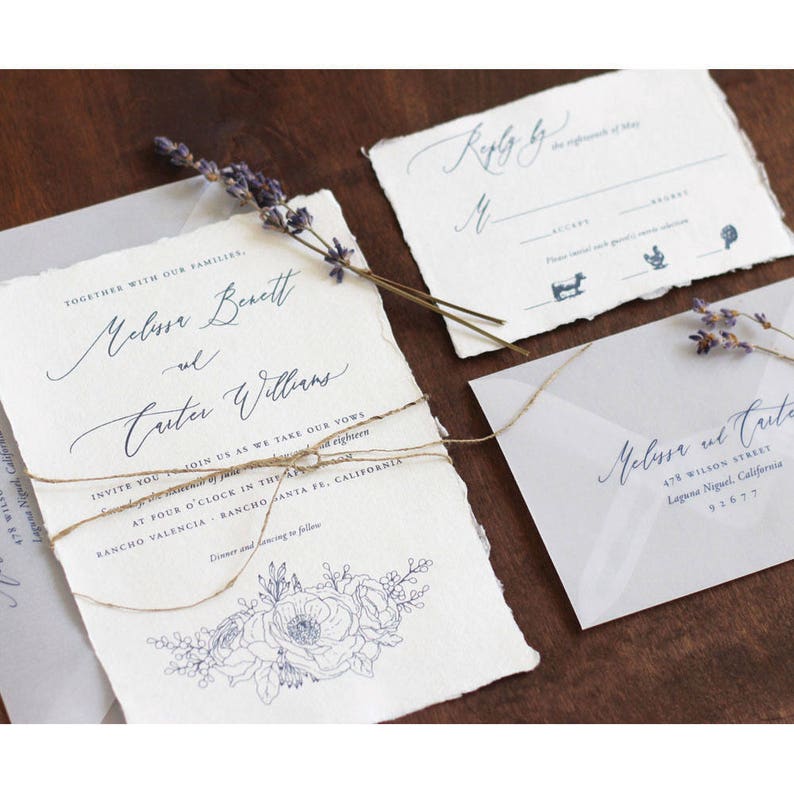 Handmade Paper Wedding Invitation, Deckled Edge Paper, Torn Edge Invitation, Illustrated floral invitation, Anemone Invitation SAMPLE image 2