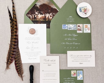 Heirloom Fine Art Wedding Invitation // Ethereal Invitation, White Ink, Wax Seal Invitation, Green and Gold, Organic Monogram - SAMPLE