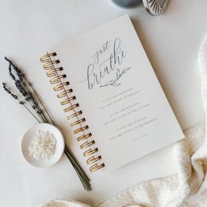 Pu&ograve; includere: Un taccuino a spirale con copertina bianca che riporta il testo Just breathe in un'elegante calligrafia, seguito da una citazione di Lao Tzu su depressione, ansia e pace. Il taccuino presenta una rilegatura a spirale dorata e una finitura opaca.