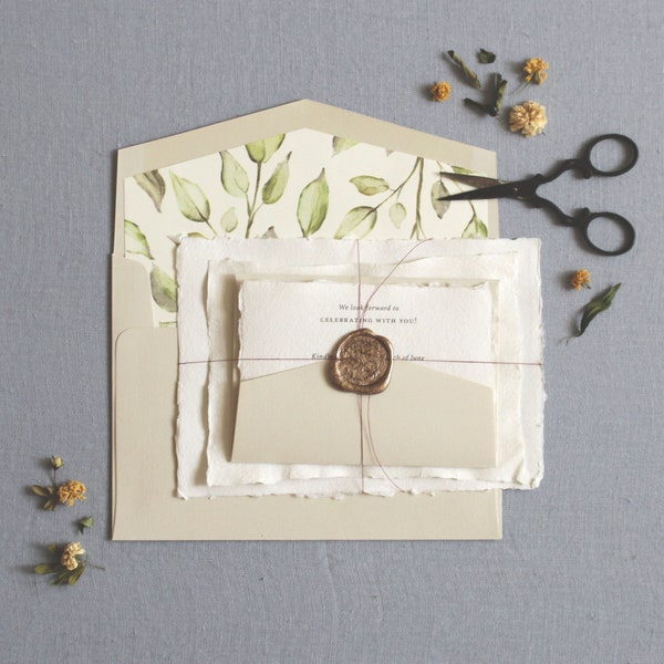 Deckled Edge Wedding Invitation, Wax Seal, Minimal Wedding Invitation, Deckled Edge Invitation, Handmade Paper Invitation - SAMPLE