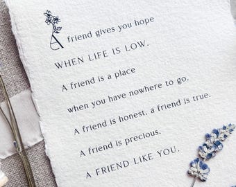 Friendship Quote Print on Handmade Paper, Custom Quote Print, Pressed Flower, lyrics print, poem print