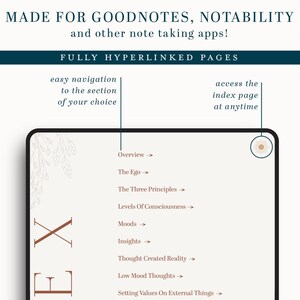 May include: A digital planner page with a list of topics, including "Overview", "The Ego", "The Three Principles", "Levels Of Consciousness", "Moods", "Insights", "Thought Created Reality", "Low Mood Thoughts", and "Setting Values On External Things". The page is designed for use with note-taking apps like Goodnotes and Notability.