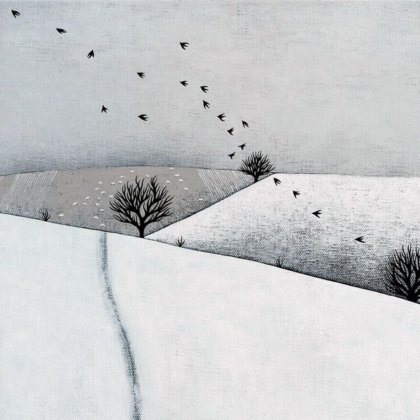 Harfang de paysage avec des moutons et des oiseaux - 8 x 8 Archives Art Print - hiver peinture - par Natasha Newton